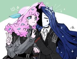  alriune asymmetrical_hair belt black_coat black_gloves black_skin blue_hair blue_pupils closed_mouth coat colored_sclera colored_skin commentary_request constellation_print crown extra_arms facial_mark floating_hair fluffy_hair force_(4sk_force) gloves gradient_hair green_background grey_sclera grey_sweater hat hat_ornament holding_hands horns humanization knight_of_despair korean_commentary leaf_hat_ornament lobotomy_corporation long_hair multicolored_hair multicolored_skin one_eye_covered pink_hair pink_hat project_moon raised_inner_eyebrows sidecut signature simple_background single_horn smile split-color_skin star_(symbol) starry_hair sweater teardrop_facial_mark thumbs_up turtleneck turtleneck_sweater two-tone_skin undercut upper_body very_long_hair white_background white_skin white_tiara 