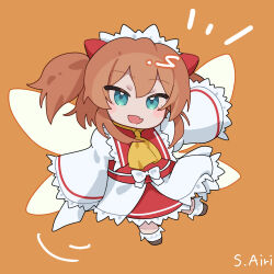 1girl artist_name ascot blue_eyes bow commentary_request deformed fairy fairy_wings fang hair_bow headdress highres long_sleeves looking_at_viewer medium_hair open_mouth orange_background orange_hair outstretched_arms red_bow red_skirt shirt simple_background skin_fang skirt smile solo spread_arms sunny_milk suzukiairi0001 touhou white_shirt wide_sleeves wings yellow_ascot 