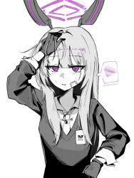  1girl bandage_on_cheek blue_archive colored_speech_bubble commentary_request dress_shirt gloves greyscale halo hand_on_own_head headgear highres hukuro_kasiwa id_card long_hair looking_ahead monochrome necktie purple_halo shirt simple_background solo speech_bubble spoken_squiggle spot_color squiggle sweat sweater upper_body utaha_(blue_archive) violet_eyes white_background 