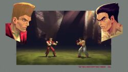  2boys belt black_belt black_hair blonde_hair blue_eyes border clenched_hands closed_mouth commentary english_commentary fighting_stance flattop gloves grey_border hair_slicked_back male_focus mishima_kazuya multiple_boys multiple_scars pants paul_phoenix red_dougi red_eyes red_gloves scar scar_on_chest scar_on_neck short_hair tekken tekken_2 topless_male vitaliy_shushko white_pants 