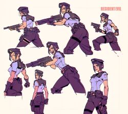  1girl armor beret black_gloves black_hat black_pants blue_shirt breasts brown_hair clenched_teeth commentary copyright_name cowboy_shot cropped_legs english_commentary fingerless_gloves furrowed_brow gloves gun handgun hat highres holding holding_gun holding_weapon holster jill_valentine medium_breasts multiple_views open_mouth pants parted_bangs police police_uniform resident_evil resident_evil_1 shirt short_hair shoulder_armor shouting simple_background sketch solo teeth thigh_holster vitaliy_shushko weapon 