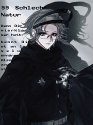  1boy abashuxiadeabaguai absurdres aotsuki_eito belt black_cloak black_jacket blue_eyes chinese_commentary cloak commentary_request eyelashes eyeshadow gakuran glasses grey_hair headgear highres jacket last_defense_academy_school_uniform looking_at_viewer luxembourgish_text makeup male_focus red_eyeshadow school_uniform shadow short_hair solo the_hundred_line_-last_defense_academy- upper_body white_background white_belt wind 