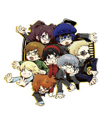  4boys 4girls absurdres amagi_yukiko black_hair blonde_hair blue_hair brown_hair chinese_commentary commentary_request crt earrings glasses green_jacket grey_hair hanamura_yousuke headphones headphones_around_neck highres humu_humu jacket jewelry kujikawa_rise kuma_(human)_(persona_4) kuma_(persona_4) multiple_boys multiple_girls narukami_yu open_mouth orange-framed_eyewear persona persona_4 pink-framed_eyewear satonaka_chie school_uniform shirogane_naoto tatsumi_kanji twintails violet_eyes yasogami_school_uniform yellow-framed_eyewear 