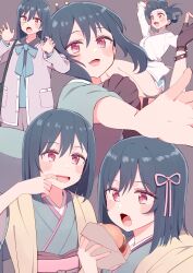  1girl absurdres bag birthday blush breasts burger commentary_request cream_(nipakupa) eating fang fingerless_gloves food gloves green_hair grey_background hair_ribbon highres holding holding_burger holding_food itoshiki_yume_yo_izanaite jacket looking_at_viewer love_live! love_live!_nijigasaki_high_school_idol_club love_live!_nijigasaki_high_school_idol_club_the_movie_-_finale medium_breasts medium_hair mifune_shioriko multiple_views red_eyes ribbon shoulder_bag sidelocks single_glove upper_body 