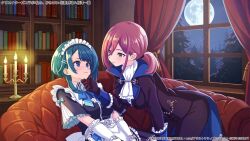  2girls aizawa_kazuha all_fours apron artist_request ascot assault_lily asymmetrical_hair belt black_cape black_dress black_jacket black_pants blue_bow blue_bowtie blue_cape blue_choker blue_eyes blue_hair blush book bookshelf bow bowtie breasts candle candlestand cape choker closed_mouth commentary_request copyright_notice couch dress elbow_gloves eye_contact frilled_dress frilled_sleeves frills full_moon gloves green_eyes grey_belt hair_behind_ear hair_between_eyes hair_ornament hairclip halloween_costume hand_on_another's_chin hand_up hatsukano_yo indoors jacket long_bangs looking_at_another low_side_ponytail maid maid_headdress medium_breasts medium_hair moon multiple_girls night official_alternate_costume official_alternate_hairstyle official_art pants parallel_hairclips red_hair short_hair short_sleeves side_ponytail sitting smile sweatdrop tree two-sided_cape two-sided_fabric waist_apron white_apron white_ascot white_gloves wide_sleeves yuri 
