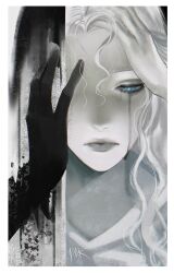  absurdres black_hands black_tears blue_eyes colored_extremities commentary crying crying_with_eyes_open curly_hair english_commentary final_fantasy final_fantasy_xiv greyscale highres monochrome robe sad tears venat_(ff14) white_hair white_robe ymr18 
