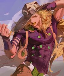 1boy blonde_hair commentary_request cowboy_hat goggles goggles_on_headwear gold_teeth green_lips grills gyro_zeppeli hat jnkku jojo_no_kimyou_na_bouken korean_commentary long_hair male_focus outdoors sketch solo steel_ball_(jojo) steel_ball_run very_long_hair 