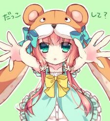  1girl animal_hood bear_alma bow bowtie brown_hair commentary_request dress emil_chronicle_online frilled_dress frilled_jacket frills green_background green_bow green_eyes green_jacket hat hat_bow hood hoshi_(snacherubi) hugging_viewer jacket long_sidelocks looking_at_viewer low-tied_sidelocks open_mouth sidelocks sleeveless sleeveless_dress solo white_dress yellow_bow yellow_bowtie 