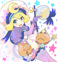  0_0 1boy 2girls :> :< amitie_(puyopuyo) amitie_(wishing_star)_(puyopuyo) blonde_hair blue_pants blue_ribbon blue_shirt bow capelet commentary_request cone_horns creature crescent crescent_hat_ornament dress dutch_angle feet_out_of_frame gradient_pantyhose gradient_sleeves green_eyes hair_bow hair_ornament hat hat_ornament highres holding holding_lantern holding_wand horns lantern looking_at_viewer multiple_girls namamoto neck_ribbon o_o official_alternate_costume onion_pixy open_mouth pants pantyhose pink_bow pink_hat pink_pantyhose pink_shirt pink_skirt pink_sleeves pleated_skirt purple_capelet purple_pantyhose purple_sleeves puyopuyo puyopuyo_quest ribbon shirt short_hair single_horn skirt sleeveless sleeveless_shirt smile standing star_(symbol) star_hair_ornament star_wand two-tone_pantyhose two-tone_sleeves wand white_dress white_eyes yellow_horns 