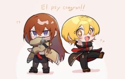  +_+ 2girls :d arms_across_body black_coat black_pants black_pantyhose black_shoes black_shorts blonde_hair blue_eyes brown_coat brown_hair brown_shoes chibi chibi_only coat don_quixote_(project_moon) double-parted_bangs el_psy_congroo english_text full_body hair_between_eyes jeehyung_seo leg_up limbus_company long_hair long_sidelocks makise_kurisu multiple_girls necktie open_clothes open_coat open_mouth pants pantyhose project_moon red_necktie science_adventure shirt shoes short_hair shorts sidelocks simple_background smile steins;gate white_shirt yellow_eyes 