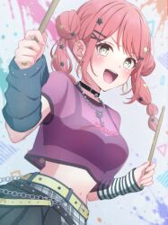  1girl absurdres arm_warmers bang_dream! bang_dream!_our_notes belt black_choker blush breasts brown_eyes choker commentary crop_top crop_top_overhang drumsticks hair_ornament hairclip highres holding holding_drumsticks jewelry long_hair medium_breasts midori_(bangdreamgh) midriff mismatched_arm_warmers navel necklace open_mouth pink_hair pink_shirt shirt short_sleeves sidelocks solo star_(symbol) star_hair_ornament teeth twintails umezato_chieri upper_teeth_only yellow_belt 