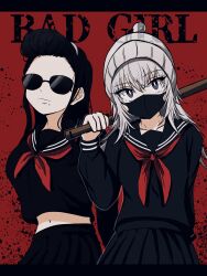  2girls absurdres alternate_costume beanie black_eyes black_mask black_sailor_collar black_serafuku black_skirt breasts collarbone commentary_request delinquent english_text hair_slicked_back hat highres holding holding_weapon kakure_meme kimi_no_koto_ga_dai_dai_dai_dai_daisuki_na_100-nin_no_kanojo kusanochika large_breasts long_hair long_sleeves looking_at_viewer mask midriff_peek mishiro_kogoe mole mole_under_mouth mouth_mask multiple_girls neckerchief pompadour red_background red_neckerchief sailor_collar school_uniform serafuku skirt sunglasses upper_body weapon white_hair white_hat 