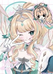  1girl absurdres aqua_bow aqua_collar aqua_dress aqua_sleeves aqua_streaks blonde_hair blunt_bangs bow bright_pupils chest_bow chibi chibi_inset collar commentary detached_collar detached_sleeves dress eyelashes fairy_wings fur_trim gem genshin_impact gloves gold_trim green_eyes green_gem hair_bow hair_intakes hair_ornament high_ponytail highres light_blush light_smile long_sidelocks looking_at_viewer multicolored_hair multicolored_wings one_eye_closed pointy_ears ponytail sidelocks silver_hairband sparkle streaked_hair tongue tongue_out v vesna_(genshin_impact) white_bow white_collar white_fur white_gloves white_pupils wings yukari_x0404 