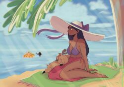  1girl 3boys antlers beach bikini black_hair closed_eyes clouds commentary full_body hat highres horns imgomis large_hat long_hair monkey_d._luffy multiple_boys nico_robin ocean one_piece pink_sarong playing purple_bikini reindeer_antlers sarong sitting sleeping sleeping_on_person smile swimsuit tony_tony_chopper untranslatable_commentary usopp yokozuwari 