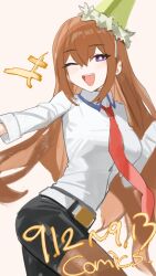  1girl :d ;d absurdres belt black_pants blush breasts collared_shirt commentary_request cowboy_shot dated hair_between_eyes hat highres korean_commentary long_hair long_sleeves looking_at_viewer makise_kurisu medium_breasts necktie no_jacket one_eye_closed open_mouth orange_hair pants party_hat pino_aw science_adventure shirt smile solo steins;gate very_long_hair violet_eyes white_background white_belt white_necktie white_shirt 