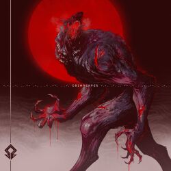  1boy alt_text blood blood_on_hand claws commentary completely_nude cowboy_shot crim_reaper deep_wound english_commentary highres injury monster_boy moon nude open_mouth original red_moon sharp_teeth solo teeth werewolf 