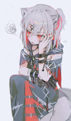  1girl :p absurdres animal_ears black_dress black_mask cat_ears colored_inner_hair dress grey_hair hair_ornament hand_on_own_cheek hand_on_own_face highres kemonomimi_mode looking_to_the_side mahou_shoujo_no_majo_saiban mask mask_pull mirage_(rairudiseu) multicolored_hair red_hair shito_alisa short_hair signature sitting solo squiggle streaked_hair tongue tongue_out x_hair_ornament 