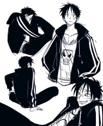  1boy alternate_costume closed_mouth collarbone from_behind from_side full_body greyscale highres hood hood_down hoodie ki2ri5 long_sleeves monkey_d._luffy monochrome multiple_views one_piece open_clothes open_hoodie parted_lips print_shirt scar scar_on_cheek scar_on_chest scar_on_face shirt short_hair sitting skull_print upper_body white_background 
