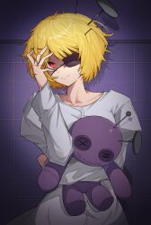  absurdres arm_across_waist blonde_hair closed_mouth commentary don_quixote_(project_moon) dress e.g.o_(project_moon) eyepatch grey_dress hair_ornament hairclip hand_on_own_head highres holding holding_stuffed_toy i'll_go_fer_scissors._how_'bout_you?_(e.g.o) jeehyung_seo light_smile limbus_company long_sleeves looking_at_viewer nail_in_head one_eye_covered project_moon purple_background red_eyes short_hair sidelocks stuffed_toy swept_bangs tile_wall tiles untranslatable_commentary upper_body 