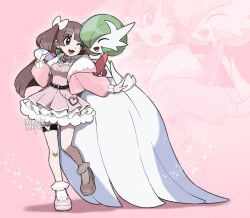  2girls artist_name bob_cut bow closed_eyes commission dress earrings elbow_gloves gardevoir gloves green_hair hair_bow hair_over_one_eye highres jacket jewelry mega_gardevoir mega_pokemon minnie_meyer multiple_girls one_eye_closed open_mouth pink_background pink_dress pink_jacket pink_shoes pokemon pokemon_(creature) shoes smile sparkle thigh_strap vgen_commission white_dress white_gloves 