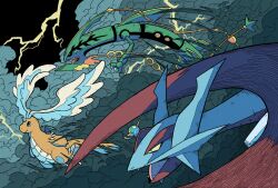  black_sclera claws clouds colored_sclera commentary_request dragon dragonite eastern_dragon flying head_wings highres horns leg_wings lightning mega_dragonite mega_pokemon mega_rayquaza mega_salamence no_humans onigiri_debu open_mouth pokemon pokemon_(creature) pokemon_focus rayquaza red_eyes salamence single_horn storm tail wings yellow_eyes 