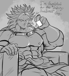  1boy broly_(dragon_ball_z) cellphone commentary danielfs dragon_ball english_commentary english_text greyscale holding holding_phone monochrome muscular muscular_male nipples phone sitting smartphone solo super_saiyan talking_on_phone 
