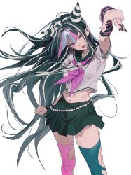  1girl absurdres arm_up asymmetrical_legwear black_scrunchie black_skirt bracelet commentary cropped_shirt danganronpa_(series) danganronpa_2:_goodbye_despair ear_piercing earrings face_piercing grey_hair hair_horns highres holding holding_pendulum holding_plectrum hvvvzzz jewelry long_hair looking_at_viewer lower_teeth_only midriff miniskirt mioda_ibuki mismatched_legwear mismatched_thighhighs mouth_piercing multicolored_hair multiple_piercings multiple_rings navel neckerchief open_mouth pendulum piercing pink_eyes pink_hair pink_neckerchief plectrum ring sailor_collar sailor_shirt school_uniform scrunchie sequential_piercings shirt simple_background skirt solo teeth thigh-highs torn_clothes torn_thighhighs two-tone_hair very_long_hair white_background white_shirt wrist_scrunchie 