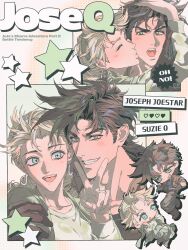  1boy 1girl absurdres battle_tendency blonde_hair blush brown_gloves brown_hair brown_jacket character_name chibi closed_eyes copyright_name couple dangsineun_meotjyeo! dress ear_piercing earrings english_text eyelashes gloves green_dress green_eyes hand_on_another's_arm hand_on_another's_head heart hetero highres jacket jewelry jojo_no_kimyou_na_bouken joseph_joestar joseph_joestar_(young) kiss kissing_cheek looking_at_another looking_at_viewer medium_hair multiple_views open_mouth pairing_name pants piercing ring short_hair smile star_(symbol) suzi_q teeth v 