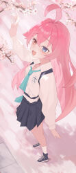  1girl absurdres ahoge ankle_socks black_shoes black_skirt blue_archive blue_eyes blue_necktie cherry_blossoms chest_harness collared_shirt commentary_request crossed_bangs fang full_body hair_between_eyes halo harness heterochromia highres hoshino_(blue_archive) id_card long_hair long_sleeves necktie nishida_yuuto open_mouth orange_eyes pink_hair pink_halo pleated_skirt shirt shoes skirt smile sneakers socks solo white_shirt white_socks 