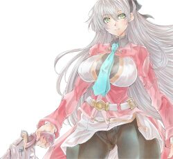  1girl ao_no_kiseki aqua_necktie big_hair black_pantyhose breasts closed_mouth coat collared_coat commentary covered_groin cowboy_shot double-parted_bangs eiyuu_densetsu elie_macdowell floating_hair green_eyes grey_hair gun hair_between_eyes handgun highres holding holding_gun holding_weapon large_breasts long_hair long_sleeves looking_at_viewer necktie pantyhose pink_coat simple_background smile solo very_long_hair weapon white_background wochi zero_no_kiseki 