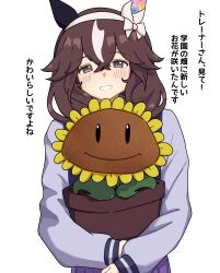  1girl absurdres alternate_language animal_ears blush bow bowtie braid braided_sidelocks brown_hair closed_mouth commentary_request curren_bouquetd'or_(umamusume) ear_covers flower flower_pot flower_with_face grey_eyes hair_between_eyes hair_ornament hairband highres holding holding_flower_pot horse_ears horse_girl long_hair long_sleeves looking_at_viewer low_twin_braids mismatched_ear_covers morinoritoriori multicolored_hair open_mouth plant plants_vs._zombies purple_serafuku purple_shirt purple_skirt sailor_collar sailor_shirt school_uniform sentient_plant serafuku shirt sidelocks simple_background skirt smile streaked_hair sunflower sunflower_(plants_vs._zombies) tracen_school_uniform twin_braids umamusume very_long_braid white_bow white_bowtie white_hairband white_streaks winter_uniform 