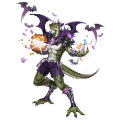  1boy abs armor artist_request bat_(animal) bat_wings beard belt book book_holster candy candy_corn capelet claws colored_sclera colored_skin commentary_request dakaris_(king's_raid) english_commentary facial_hair feathers food full_body gem green_skin halloween halloween_costume highres holding holding_pumpkin horns jack-o'-lantern king's_raid korean_commentary leg_armor lizard_tail lizardman mixed-language_commentary muscular muscular_male official_alternate_costume official_art pumpkin purple_capelet purple_feathers purple_gem purple_shorts purple_wings red_sclera second-party_source shorts shoulder_armor silver_belt simple_background slit_pupils solo tail vambraces white_background wings yellow_eyes 