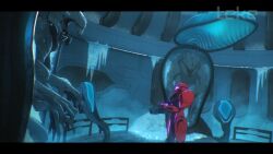  1girl alien arm_cannon armor assault_visor black_armor check_commentary commentary_request creature cryostasis_pod griever_(metroid) helmet lamorn metroid metroid_prime_4:_beyond multicolored_armor official_alternate_costume power_armor power_suit_(metroid) purple_assault_visor red_armor red_helmet samus_aran science_fiction teke two-tone_armor vi-o-la_suit weapon 