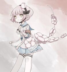  1girl armband black_hairband blue_skirt blunt_bangs bud closed_mouth commentary_request flower hair_flower hair_ornament hairband highres magical_girl mahou_shoujo_ikusei_keikaku pink_hair pleated_skirt qoo_1025 school_uniform short_hair skirt snow_white_(mahoiku) thigh-highs white_flower white_thighhighs yellow_eyes 
