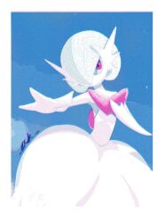  105sk 1girl bob_cut colored_skin dress elbow_gloves gardevoir gloves green_hair highres mega_gardevoir mega_pokemon pink_eyes pokemon pokemon_(creature) signature strapless strapless_dress white_dress white_gloves white_skin 