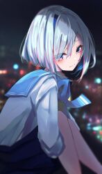  1girl alternate_costume amane_kanata asymmetrical_hair blue_hair blue_sailor_collar blue_skirt blurry blurry_background bob_cut bokeh city_lights colored_inner_hair commentary_request depth_of_field eyes_visible_through_hair fate_(series) grey_hair hair_over_one_eye highres hololive hugging_own_legs long_sleeves miniskirt missing_halo missing_wings multicolored_hair night outdoors pink_streaks pleated_skirt sailor_collar school_uniform serafuku shirt short_hair single_hair_intake skirt solo streaked_hair sui._(suikun) violet_eyes virtual_youtuber white_shirt 