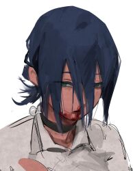  1girl black_choker blank_eyes blank_stare blood blood_on_face blue_hair chainsaw_man choker collared_shirt green_eyes grenade_pin hair_between_eyes hair_bun highres looking_to_the_side mangopp nosebleed portrait reze_(chainsaw_man) shirt sketch solo white_background white_shirt 