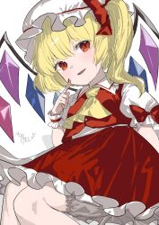  1girl ao_hoshi ascot blonde_hair bloomers bow collared_shirt commentary_request crystal crystal_wings flandre_scarlet frilled_shirt_collar frilled_wrist_cuffs frills hat hat_bow long_hair looking_at_viewer mob_cap multicolored_wings one_side_up open_mouth red_bow red_eyes red_skirt red_vest red_wrist_cuffs shirt signature skirt skirt_set sleeve_bow smile solo touhou vest white_bloomers white_hat white_shirt wings wrist_cuffs yellow_ascot 