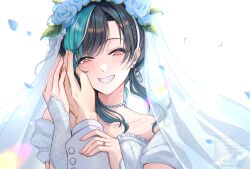  1boy 1girl aqua_hair aqua_streaks black_hair bridal_veil commentary_request dress head_wreath highres hololive hololive_dev_is jewelry medium_hair multicolored_hair purple_streaks red_eyes rindo_chihaya ring smile streaked_hair suit suzuori_fika veil virtual_youtuber wedding wedding_dress wedding_ring wheel_earring white_dress white_streaks white_suit 