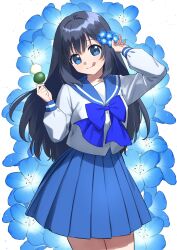 1girl :q asuka_gin black_hair blue_bow blue_bowtie blue_eyes blue_flower blue_sailor_collar blue_skirt bow bowtie commentary_request cowboy_shot dango flower flower_request food hair_flower hair_ornament highres holding holding_skewer long_hair long_sleeves original pleated_skirt sailor_collar school_uniform serafuku skewer skirt solo tongue tongue_out wagashi 