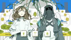  1girl 1other absurdres arknights black_hairband branch brown_hair chinese_commentary coat commentary_request doctor_(arknights) english_text flower hairband highres hood hood_up leaf long_hair long_sleeves looking_up lying nimen_de_xin_shijie on_back parted_lips plant priestess_(arknights) smile sweater turtleneck turtleneck_sweater upper_body white_coat white_flower white_sweater 