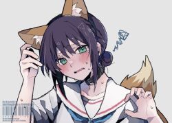  1girl animal_ears black_choker black_hair blue_neckerchief cho_kaguya-hime! choker commentary fake_animal_ears fake_tail fox_ears fox_tail green_eyes grey_background higano_(higano25) neckerchief open_mouth sailor_collar sakayori_iroha sakayori_iroha_(tsukuyomi) school_uniform self-cosplay serafuku shirt short_sleeves solo squiggle tail white_sailor_collar white_shirt 