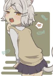  1boy animal_ears black_skirt border brown_background brown_sweater_vest cat_boy cat_ears cat_tail commentary_request cowboy_shot crossdressing crossdressing_(mtf) deformed fish_background from_behind grey_hair grey_tail hair_ornament hairclip hand_to_own_mouth heart highres leaning_forward long_sleeves looking_at_viewer looking_back male_focus marui_futon miniskirt nishi_shunran official_alternate_costume official_alternate_hairstyle open_mouth outside_border pleated_skirt school_uniform sharp_teeth shirt short_hair skirt slit_pupils smile solo speech_bubble spoken_heart standing sweater_vest swept_bangs tail teeth trap white_border white_shirt x_hair_ornament yani_neko yellow_eyes 
