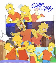  1boy 1girl anger_vein angry annoyed bare_arms bare_shoulders bart_simpson blonde_hair blood blood_on_face blood_on_hand blue_shoes blue_shorts bottle brother_and_sister can't_choose_your_own_family clenched_teeth clothes_grab collar_grab colored_skin commentary doxn123 dragging dress face-to-face grabbing_another's_arm grabbing_another's_shirt half-closed_eyes highres holding holding_bottle indoors jewelry legs_up lisa_simpson looking_at_another lying mansion maple_syrup necklace neckwear_grab offering_hand on_stomach overbite pearl_necklace red_dress red_sandals red_shirt road sandals scared scene_reference shirt shoes shorts siblings smile sneakers spiky_hair strapless strapless_dress street surprised sweatdrop swinging_legs syrup t-shirt teeth the_simpsons unamused yellow_skin 