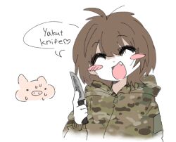  1girl ^_^ brown_hair camouflage camouflage_jacket closed_eyes facing_viewer fang heart holding holding_knife jacket knife malenkiymozg medium_hair nervous_sweating open_mouth original pig russian_ground_forces russo-ukrainian_war smile soldier speech_bubble sweat sweatdrop tongue war_crime zipper_pull_tab 