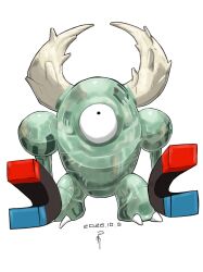  dated full_body fusion highres horns large_horns magnemite magnet metal_skin no_humans no_mouth one-eyed peluchi626 pinsir pokemon pokemon_(creature) pokemon_focus simple_background solo toe_claws white_background 