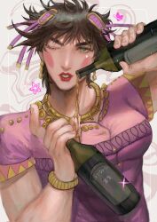  1boy adai_(art_adai) battle_tendency blush bottle bracelet brown_hair commentary_request crossdressing crossdressing_(mtf) drag_queen drawn_star dress earrings eyelashes gold_bracelet gold_earrings gold_necklace green_eyes hair_ornament heart highres holding holding_bottle jewelry jojo_no_kimyou_na_bouken joseph_joestar joseph_joestar_(tequila) joseph_joestar_(young) lipstick looking_at_viewer makeup male_focus necklace official_alternate_costume one_eye_closed pink_dress pouring pouring_onto_self red_lips short_hair short_sleeves solo star_(symbol) teeth upper_body wine_bottle 