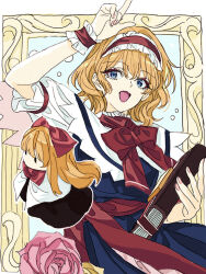  1girl alice_margatroid blonde_hair blue_dress blue_eyes book bow capelet dress floral_background frills hairband highres holding holding_book nobita_(makoto7060355) open_mouth red_hairband red_wrist_cuffs sash shanghai_doll short_hair short_sleeves touhou waist_sash white_capelet wrist_cuffs 