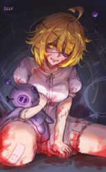  1girl ahoge bandaid bleparts blonde_hair blood blood_on_clothes blood_on_face don_quixote_(project_moon) e.g.o_(project_moon) eyepatch highres holding holding_stuffed_toy limbus_company pin project_moon sancho_(project_moon) scissors simple_background stitched_arm stitched_mouth stitches stuffed_animal stuffed_toy voodoo_doll 