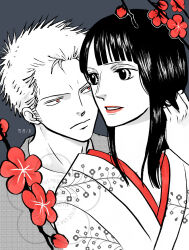  1boy 1girl absurdres blunt_bangs commentary_request floral_print floral_print_kimono flower highres japanese_clothes kimono nico_robin one_piece print_kimono red_eyes red_lips roronoa_zoro short_hair sideburns spot_color suexue upper_body 
